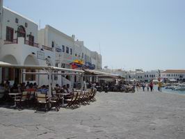 View of Mykonos waterfront from the taxi stand in the square