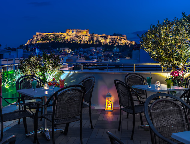 Attalos Hotel rooftop garden-cafe-bar with a view of the Acropolis