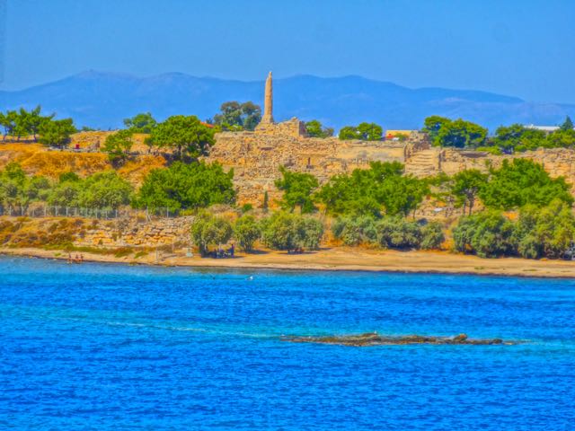 ancient ruins of Aegina and temple of Apollo with Aegina town in the background